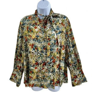 J Jill Women M Wheat Button Down Floral Blouse Fabric Buttons Bell Sleeve Career